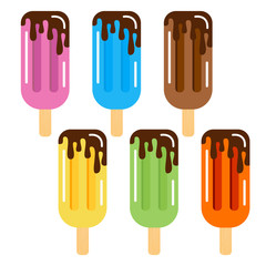 Set of ice cream  with chocolate. Creamy ice cream on a wooden stick

