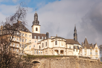 Fototapeta na wymiar City wall and Ville Haute with Saint-Michel church, Luxembourg City