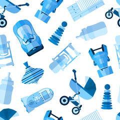 Seamless pattern background with blue flat products icons for a newborn. Objects for newborns. Pattern of  baby stuff on white bacground