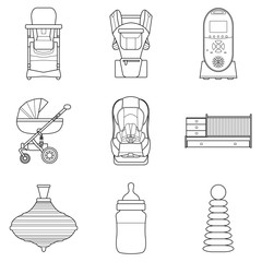 Set of line art  products icons for a newborn. Objects for newborns. Set of  baby stuff on white bacground - 169906440