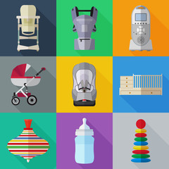 Set of flat products icons for a newborn. Objects for newborns. Set of  baby stuff on color squares - 169906458