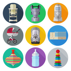 Set of flat products icons for a newborn. Objects for newborns. Set of  baby stuff - 169906479