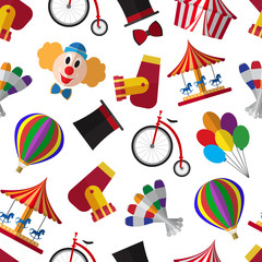 Seamless pattern background with simple circus symbols flat icons on white background - 169906606