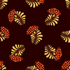 Khokhloma seamless pattern with floral decorative elements. Russian ornament with golden  flower and berries. Autumn background.