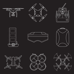 Set of simple mdrones line art  icons and accessory on black background - 169906679