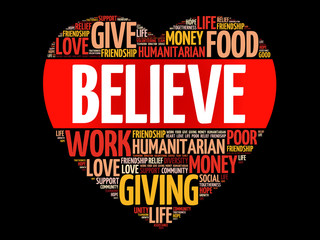 Believe word cloud, heart concept background