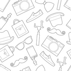 Seamless pattern background with simple hipster accessory line art icons on white background