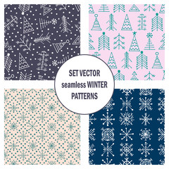 Set of seamless vector patterns with fir-trees, snowflakes. seasonal winter background with cute hand drawn fir trees Graphic illustration. Series of winter seamless vector patterns. - 169907882