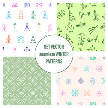 Set of seamless vector patterns with fir-trees, snowflakes. seasonal winter background with cute hand drawn fir trees Graphic illustration. Series of winter seamless vector patterns.