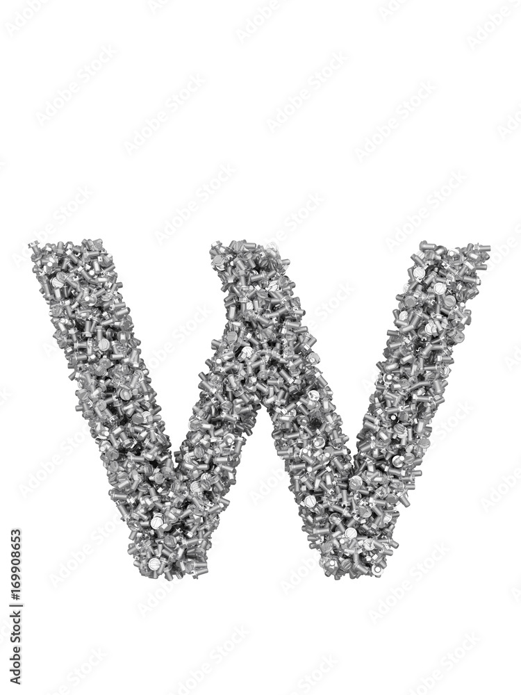 Fototapete 3d render of silver or grey alphabet make from bolts. big letter w with clipping path. isolated on w