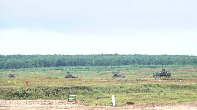 Slow motion shot of moving Russian army anti-aircraft self-propelled systems