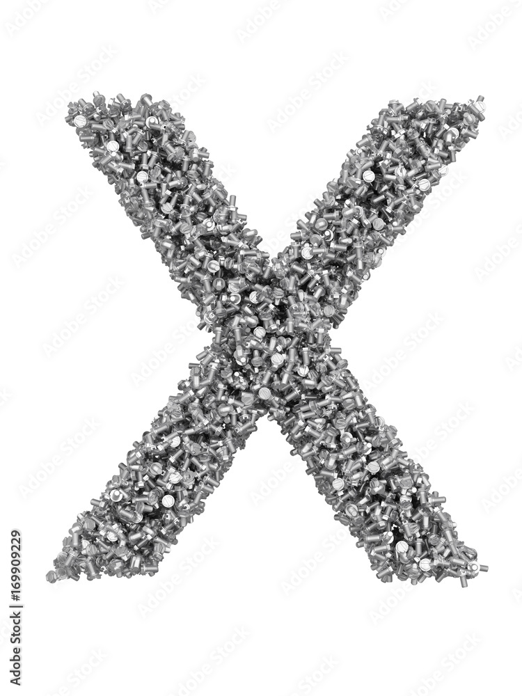 Fototapete 3d render of silver or grey alphabet make from bolts. big letter x with clipping path. isolated on w