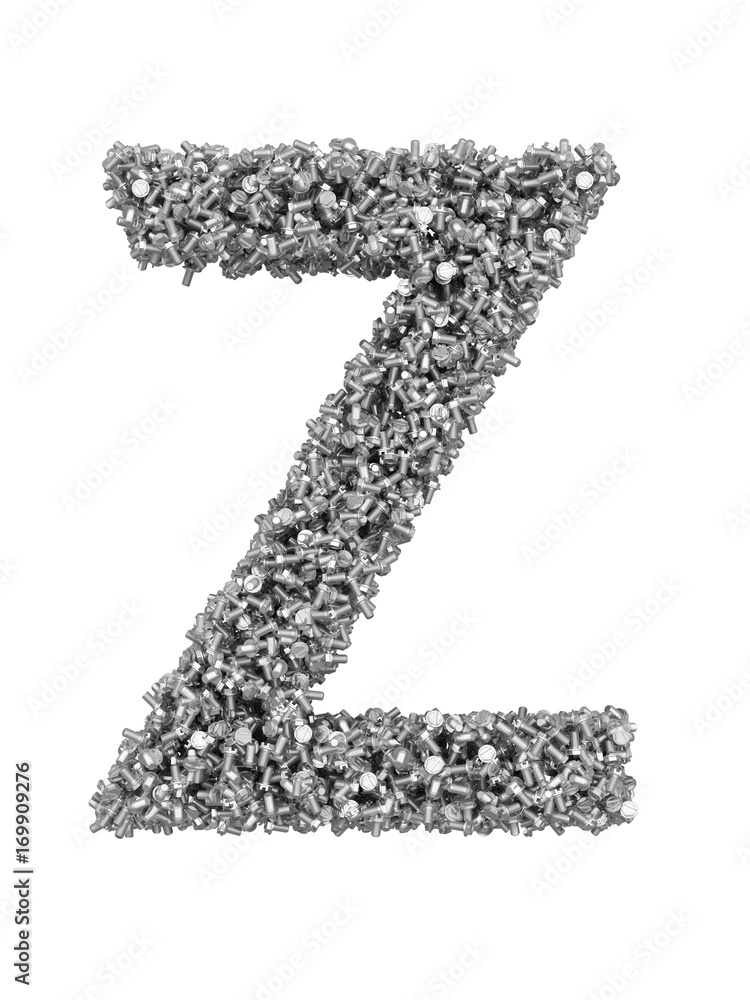 Fototapete 3d render of silver or grey alphabet make from bolts. big letter z with clipping path. isolated on w