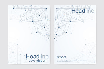 Scientific brochure design template. Vector flyer layout, Molecular structure with connected lines and dots. Scientific pattern atom DNA with elements for magazine, leaflet, cover, poster design
