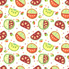 Seamless vector hand drawn childish pattern, border, with fruits. Cute childlike watermelon with leaves, seeds, drops. Doodle, sketch, cartoon style background. Endless repeat swatch