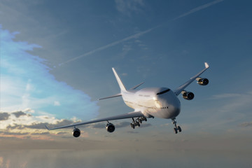 Landeanflug bei bewölktem Himmel. Reiseflugzeug über dem Wasser im Landeanflug. Im Hintergrund bewölkter Himmel mit Sonneneinstrahlung. Erstellt in 3D