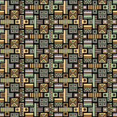 Seamless vector pattern. Geometrical background with hand drawn decorative tribal elements in vintage brown dark colors. Print with ethnic, folk, traditional motifs. Graphic vector illustration.