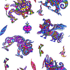 Obraz premium Ethnic ornament mythical monsters seamless pattern design inspired by fusion of Ukrainian, Indian and Mexican traditional motifs, felt-tip pens doodle drawing on white background