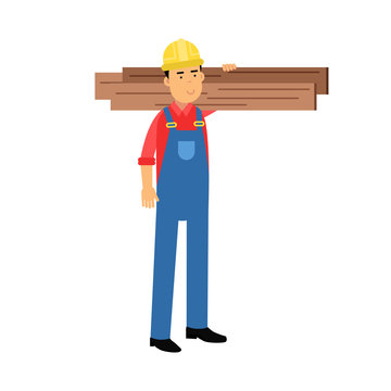 Male construction worker character carrying planks cartoon vector Illustration