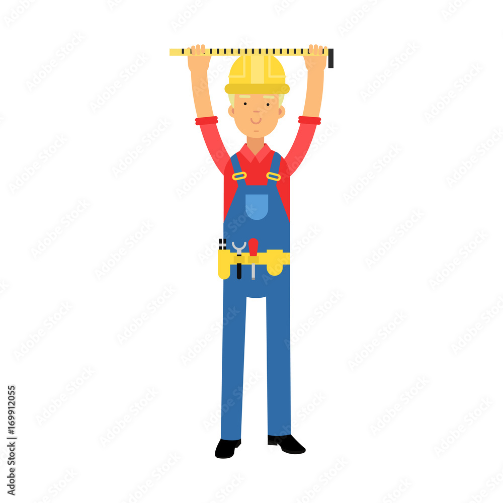 Poster builder character in overalls with belt with tools measuring on real construction site cartoon vecto