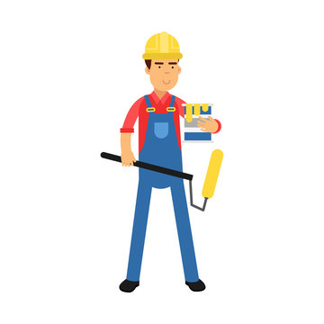 Male worker character with paint roller and bucket of paint cartoon vector Illustration