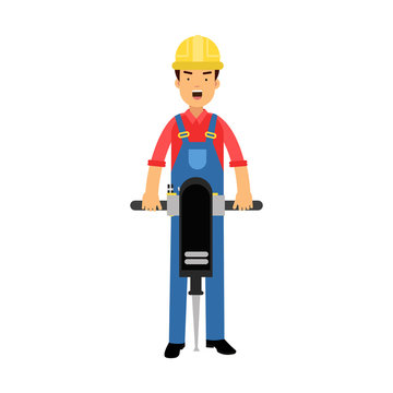 Male construction worker character holding pneumatic plugger cartoon vector Illustration