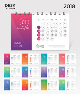 Desk Calendar 2018. Simple minimal elegant desk calendar numbered month template in white background