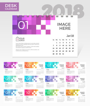 Desk Calendar 2018. Simple Colorful pixels minimal elegant desk calendar template in white background