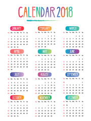 2018  Calendar doodle drawing Vector with week starting on sunday in white background