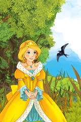 Cartoon fairy tale scene with a young little girl on the meadow near the forest smiling and looking somewhere - illustration for children