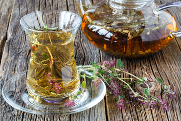 Azerbaijan cuisine. Traditional tea in special cups of glass in the shape of a Tulip