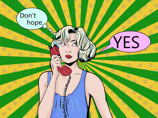 Pop art vintage comic. Girl talking on the phone. Retro style. Bubble for text. Technology and communication