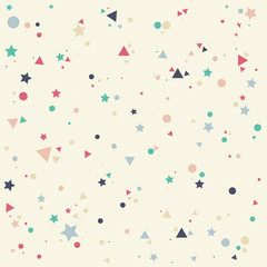 Obraz premium Abstract pattern with pastels colorful blue, gray, pink, orange small circles, stars and triangles on yellow background. Infinity geometric. Vector