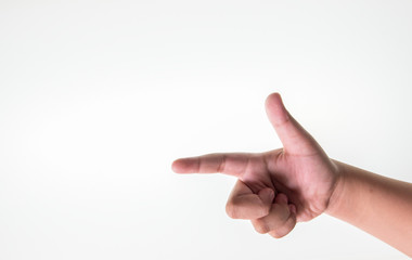 Right hand of a boy Is pointing forward On a white backdrop