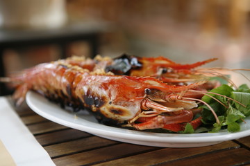 Cooked tiger shrimps on the plate