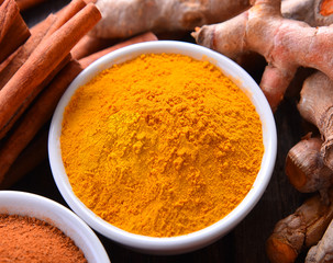 Turmeric ,Curcuma powder in white bowl on wooden background