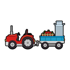 Farm tractor with carriage transport milk and apples vector illustration design