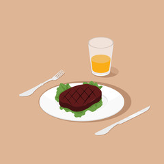 Steak on dish isometric vector illustration