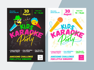 Kids karaoke party flyer with microphone and bright typography. Children music or song contest poster layout template design.