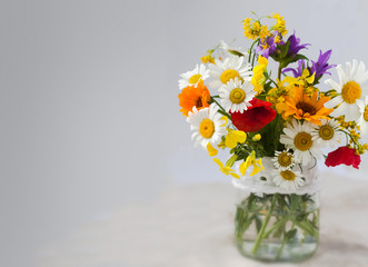 bright bouquet of wild flowers on a gray background