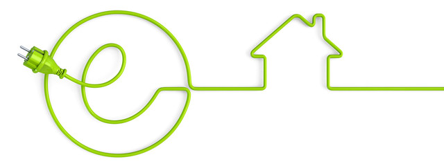 Green e-power plug bent in a house shape