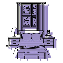 bedroom with window in the night landscape purple watercolor silhouette on white background