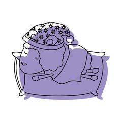 sheep animal with sleeping cap rest in pillow purple watercolor silhouette on white background