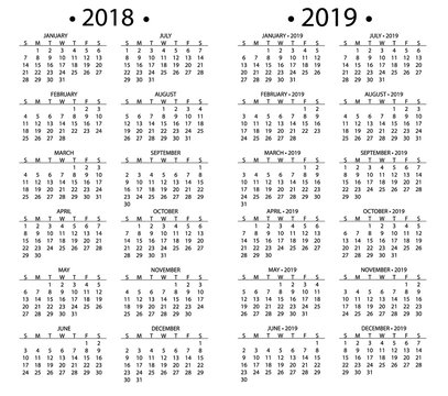 Simple calendar for 2018 and 2019, 2020 years template date day design month business organizer planner vector illustration.