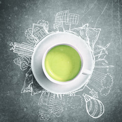 Green tea with circle ecology doodles. Sketched eco elements with cup of green tea
