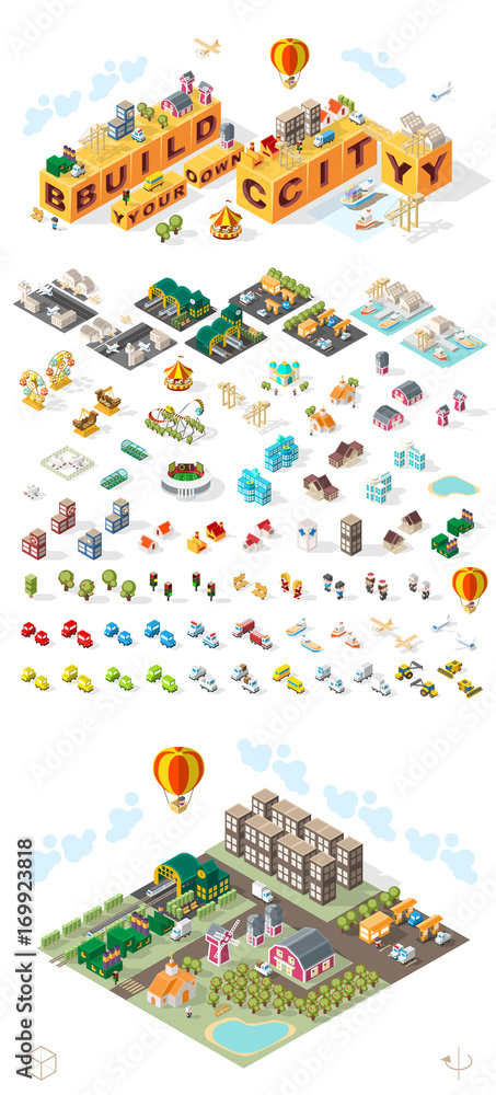 Poster build your own city . set of isolated minimal city vector elements