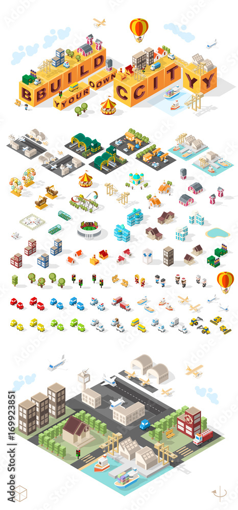 Poster build your own city . set of isolated minimal city vector elements