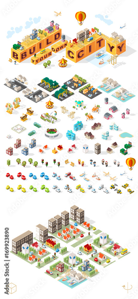 Poster build your own city . set of isolated minimal city vector elements