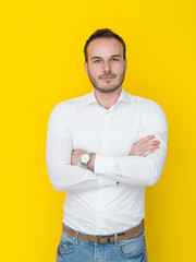 man isolated over a yellow background