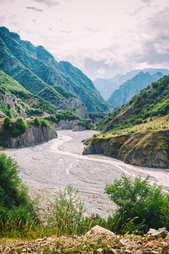 View of mountains Babadag and a muddy river Girdimanchay Lahij yolu from the side in Lahic village, Azerbaijan
